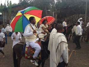 The Bride and groom on mules at wedding 