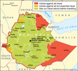 British FCO map advising travellers going to Ethiopia