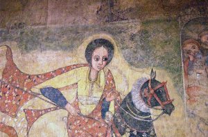 Old Ethiopian image of the Queen of Sheba mounted and armed