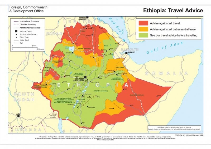 UK Govt travel advise for Ethiopia 4 Feb 22