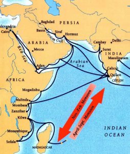 Trading routes used by dhows in the Indian Ocean and the monsoon